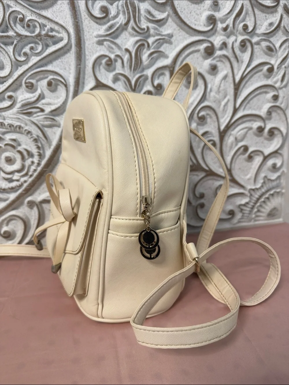 Cream Mini Backpack with Bow Accent - Women Bags